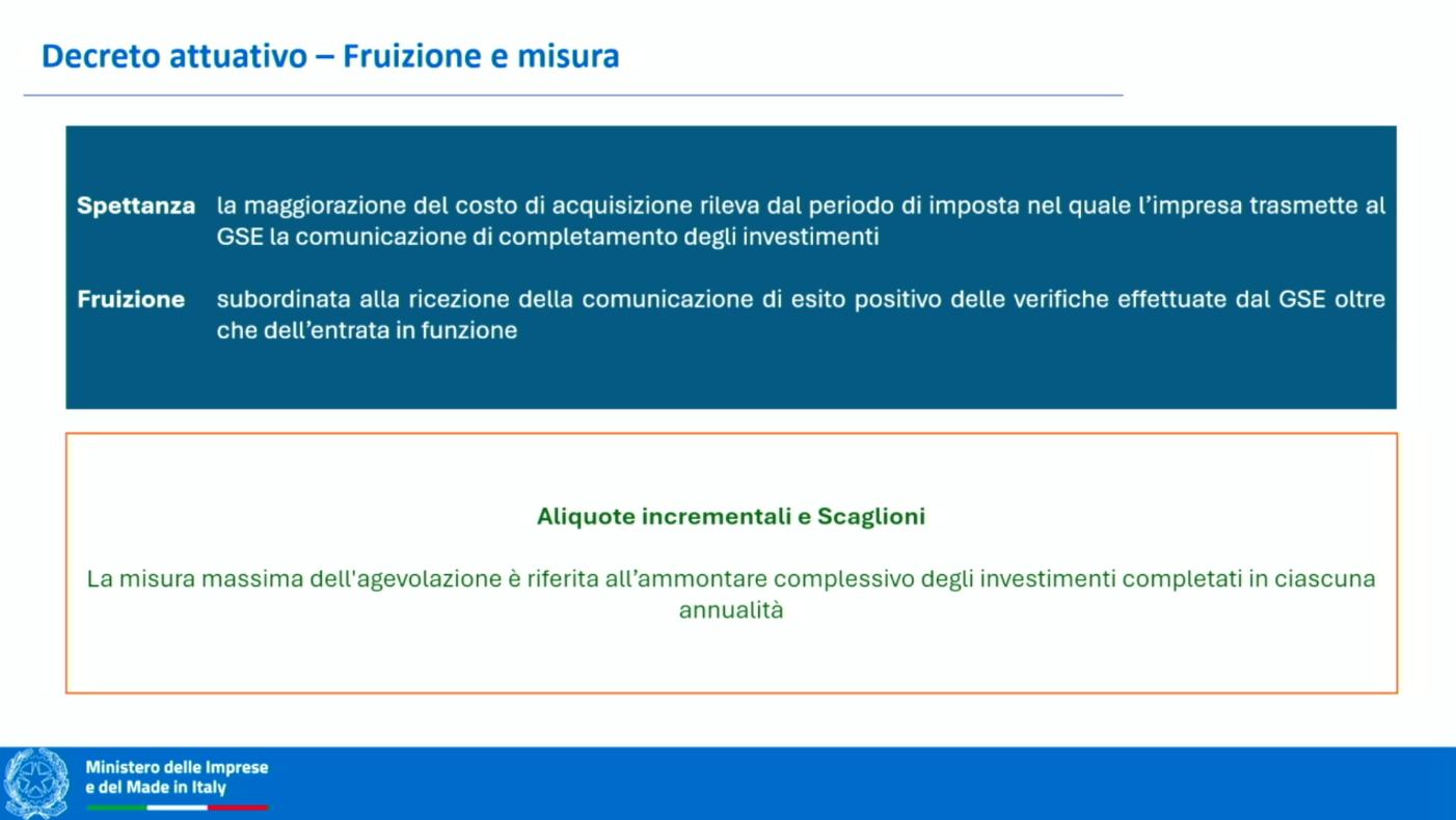 Slide del decreto attuativo presentata da Marco Calabrò al webinar Confindustria del 22 aprile 2026: spettanza, fruizione e scaglioni annuali dell'iperammortamento