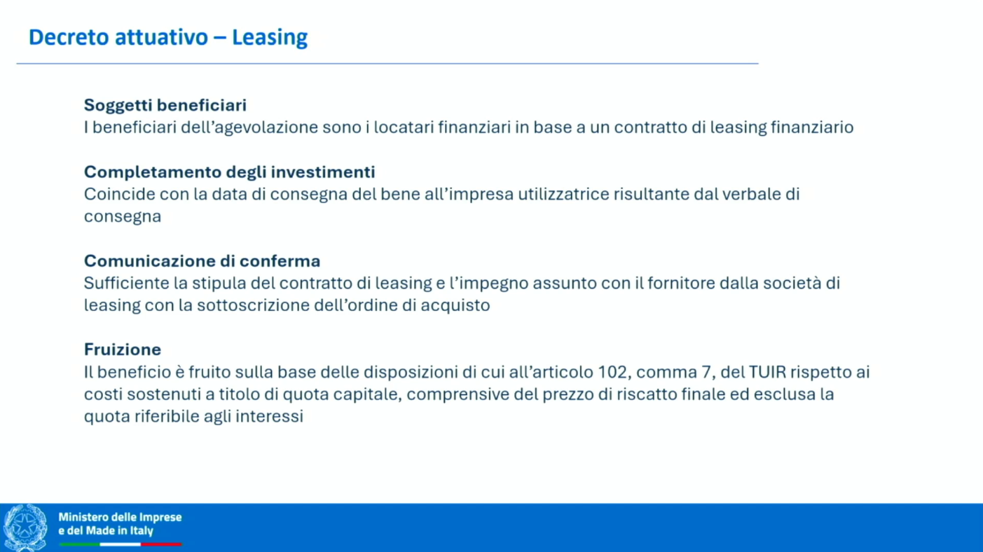 Slide del decreto attuativo presentata da Marco Calabrò al webinar Confindustria del 22 aprile 2026: disciplina del leasing finanziario — soggetti beneficiari, completamento, comunicazione di conferma senza maxicanone e fruizione ex art. 102 comma 7 TUIR