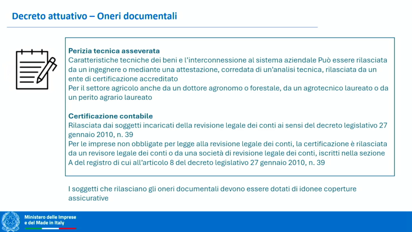 Slide del decreto attuativo presentata da Marco Calabrò al webinar Confindustria del 22 aprile 2026: oneri documentali — perizia tecnica asseverata e certificazione contabile, con i soggetti abilitati al rilascio e l'obbligo di copertura assicurativa